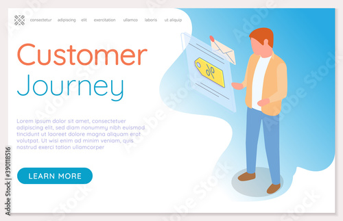 Landing page customer journey website. Male character stands and looks at large screen of digital device with discount icon, incoming message. Receive promotions. Online shopping Flat isometric image