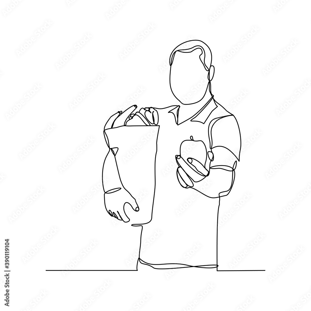 Continuous line drawing of man holding paper bag of fresh vegetable and fruit. One line concept of healthy life style. Single line of shopping fresh vegetable and fruit. vector illustration Continuous line drawing of man holding paper bag of fresh vegetable and fruit. One line concept of healthy life style. Single line of shopping fresh vegetable and fruit. vector illustration