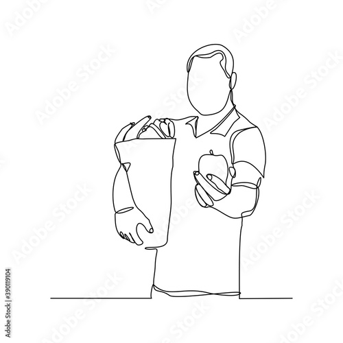 Continuous line drawing of man holding paper bag of fresh vegetable and fruit. One line concept of healthy life style. Single line of shopping fresh vegetable and fruit. vector illustration