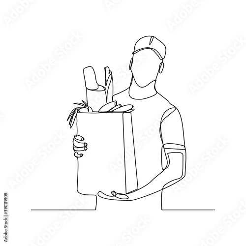 Continuous line drawing of man holding paper bag of fresh vegetable and fruit. One line concept of healthy life style. Single line of shopping fresh vegetable and fruit. vector illustration