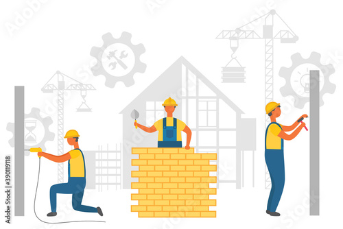 Repairers working with walls, drilling and nailing, laying bricks. Silhouette of hammer and wrench in bolt, crane and build, construction equipment vector