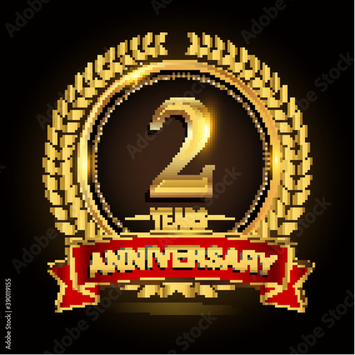 2nd golden anniversary logo, with shiny ring and red ribbon, laurel wreath isolated on black background, vector design