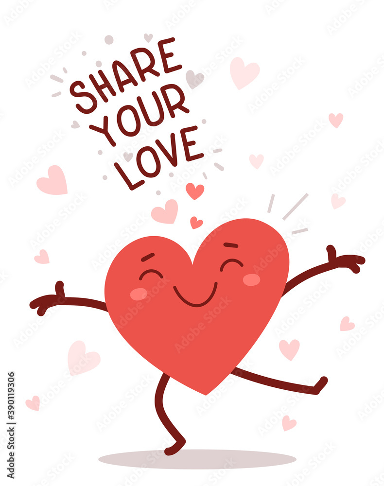 Romantic flat style Valentine's Day illustration to share feeling of love. Vector red cute happy heart character with arms spread wide and smile