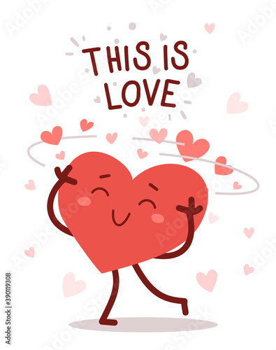 Vector red cute happy heart character dizzy with love with smile and text on white background. Romantic flat style design Valentine's Day illustration