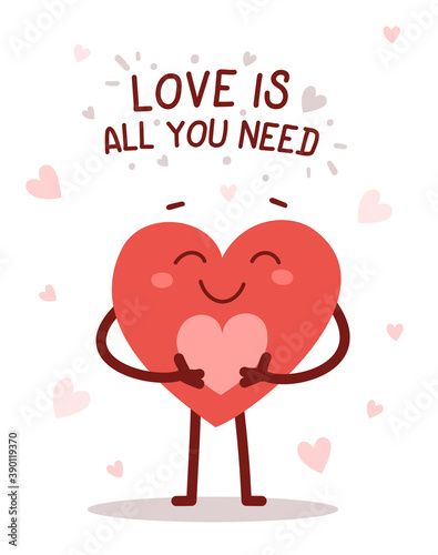 Vector red cute happy heart character holding a heart with smile and text on white background. Romantic flat style Valentine's Day illustration