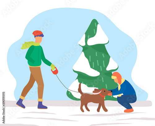 Man strolling with his dog in winter park. People dressed in warm clothes like overcoat, scarf and hat. Guy walking with pet on leash. Boy playing with domestic animal. Vector illustration in flat