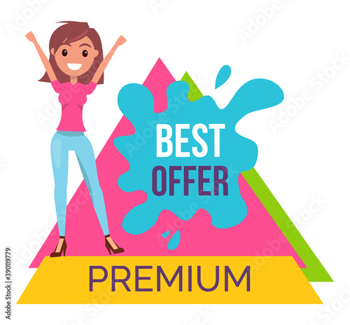 Young smiling stylish girl rejoice a promo action. Best offer, premium. Promotional poster or banner for shops. Sale products, discount offer. Proposal to save money. High quality product concept