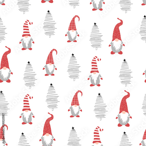 Cute christmas gnomes seamless pattern on white background. Vector illustration with gnomes in red hats and christmas tree. Perfect for textile prints, kids design, decor, wrapping.