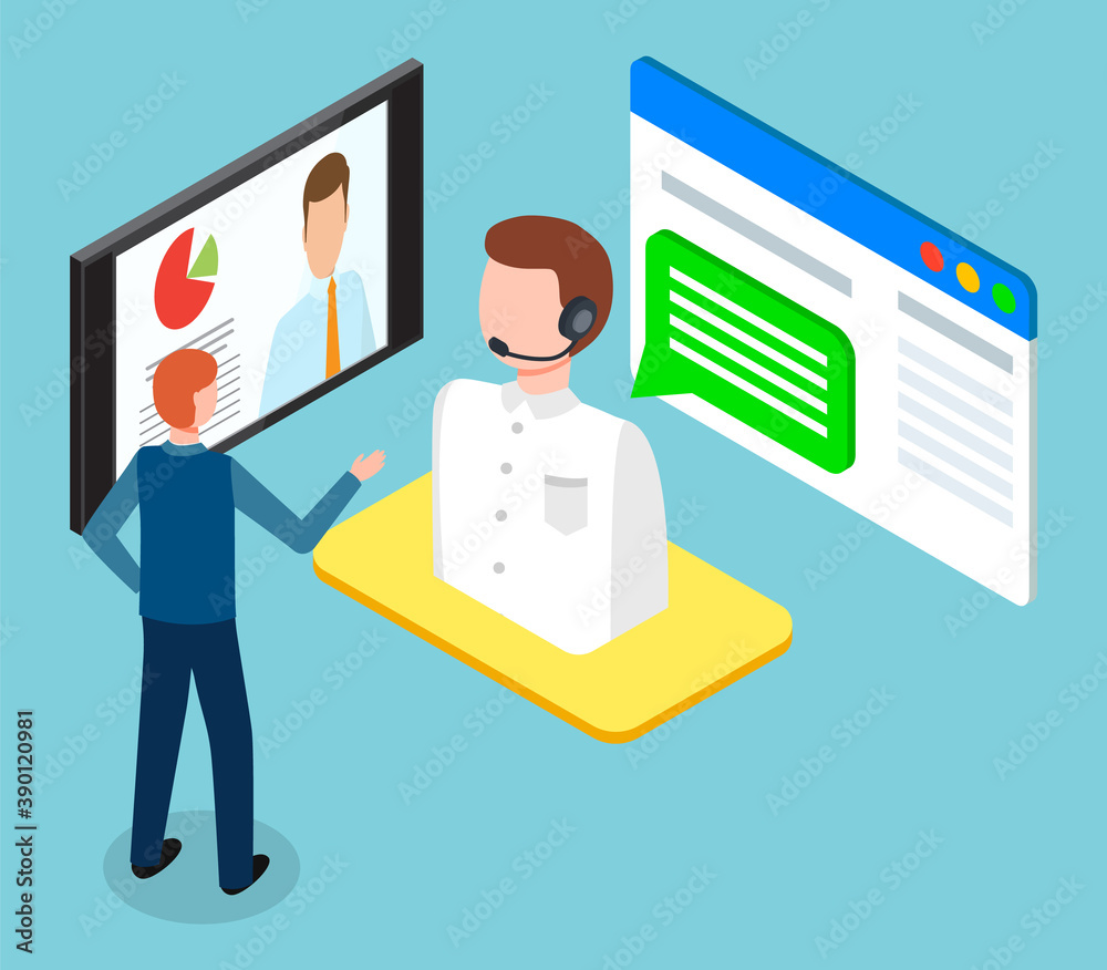 Guy stands and talks to cartoon call center employee in headphones. Screen with text messages. Smartphone screen pie chart and business man close-up. Isometric image of cartoon characters on blue Guy stands and talks to cartoon call center employee in headphones. Screen with text messages. Smartphone screen pie chart and business man close-up. Isometric image of cartoon characters on blue