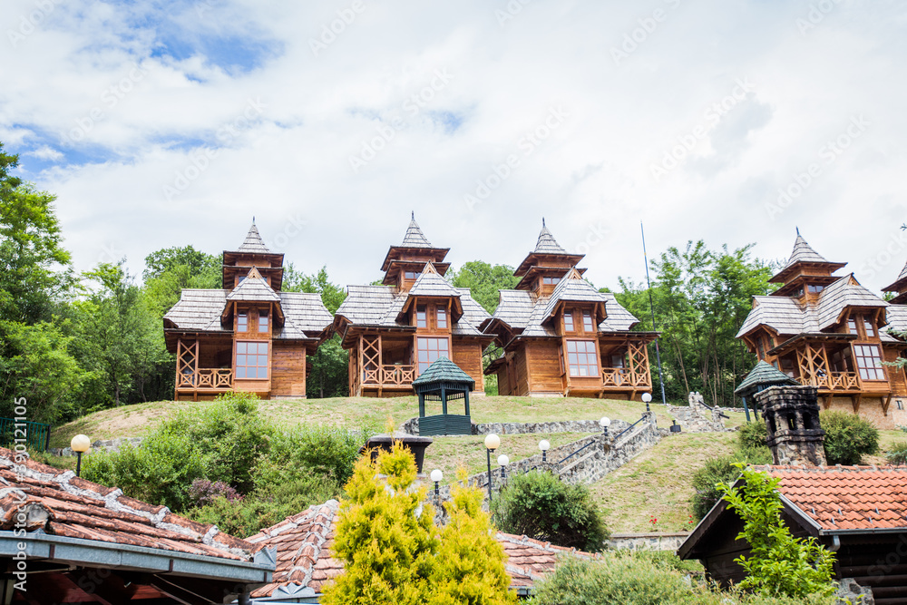 Wooden tourist eco bungalows on Tara mountain, Serbia.