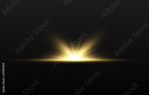 Vector flash of golden light. Shining of the sun, rays of the sun, dawn, sunrise. Lighting on an isolated black background. PNG light.