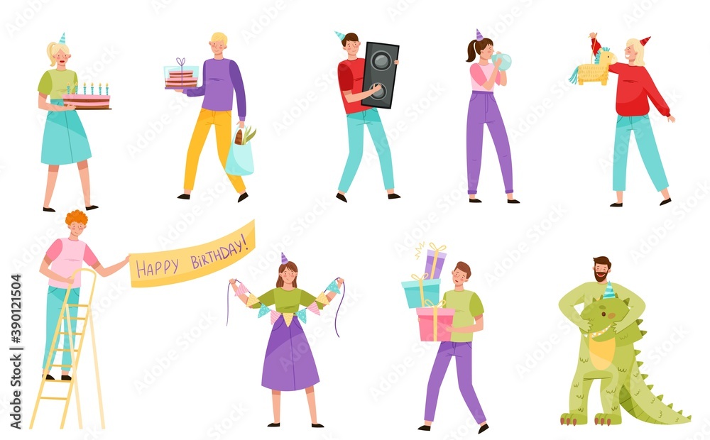 People Characters Celebrating Birthday Hanging Congratulation Placard and Carrying Gift Box Vector Illustration Set People Characters Celebrating Birthday Hanging Congratulation Placard and Carrying Gift Box Vector Illustration Set
