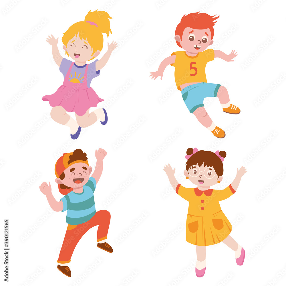 Boy and Girl Characters Jumping with Joy and Excitement Vector Illustration Set Boy and Girl Characters Jumping with Joy and Excitement Vector Illustration Set