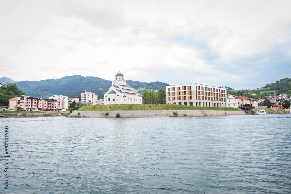 View from river Drina at town dedicated to Ivo Andric, Visegrad, Bosnia and Hercegovina, Travel destionation