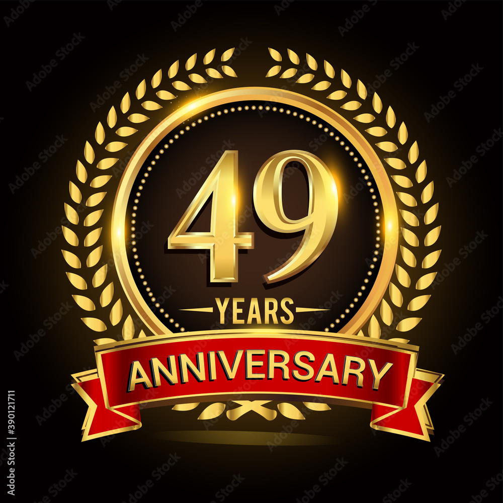 49th golden anniversary logo, with shiny ring and red ribbon, laurel wreath isolated on black background, vector design 49th golden anniversary logo, with shiny ring and red ribbon, laurel wreath isolated on black background, vector design