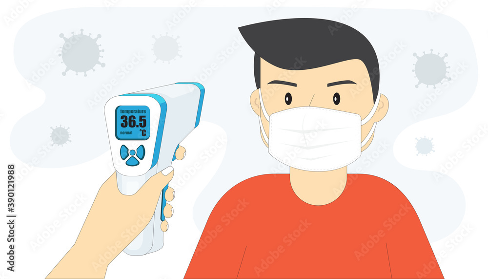 Illustration vector flat line cartoon of person with hand holding thermometer on virus backgorund. Illustration vector flat line cartoon of person with hand holding thermometer on virus backgorund.