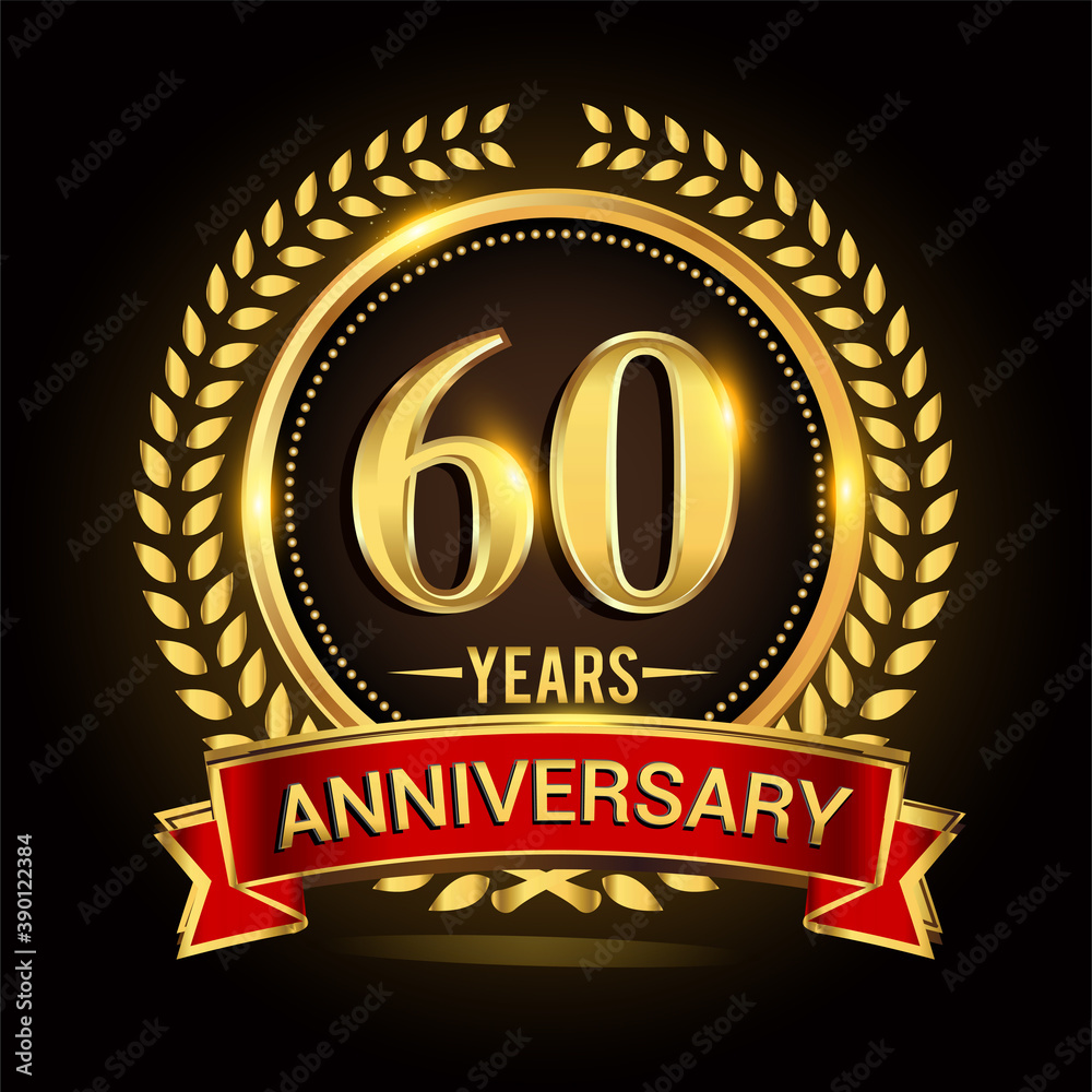 60th golden anniversary logo, with shiny ring and red ribbon, laurel wreath isolated on black background, vector design 60th golden anniversary logo, with shiny ring and red ribbon, laurel wreath isolated on black background, vector design