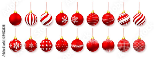 Red shiny glowing Christmas balls. Xmas glass ball. Holiday decoration template. Vector illustration