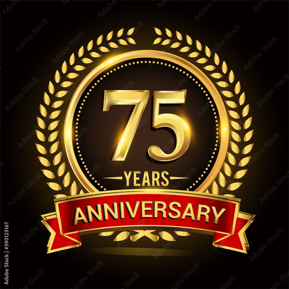 75th golden anniversary logo, with shiny ring and red ribbon, laurel wreath isolated on black background, vector design 75th golden anniversary logo, with shiny ring and red ribbon, laurel wreath isolated on black background, vector design