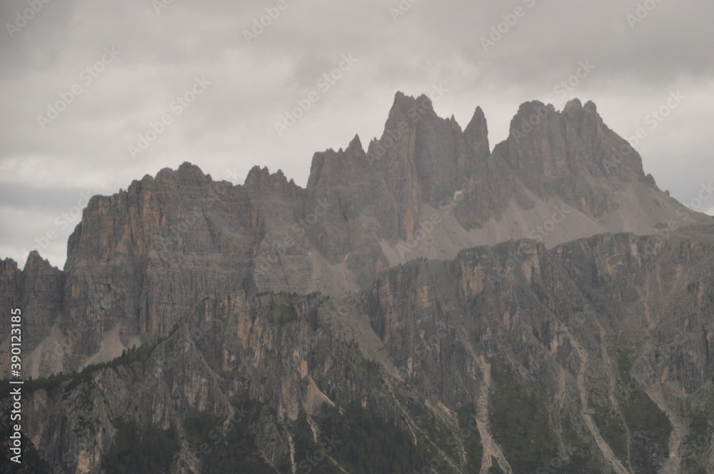 Obraz premium Hiking and climbing on the Via Ferrata trails around Cortina in the Dolomite Mountains of Northern Italy