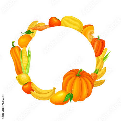 Fototapeta Naklejka Na Ścianę i Meble -  Colorful Fruit and Vegetables Arranged in Round Frame Vector Illustration