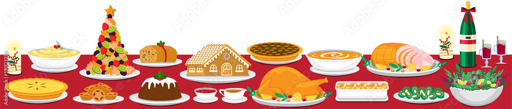 Illustration vector flat cartoon of christmas dinner table full setting for  big family at home isolated on white background Stock Vector | Adobe Stock