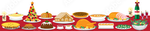 Illustration vector flat cartoon of christmas dinner table full setting for big family at home isolated on white background
