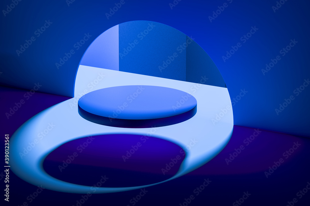 Levitating Round Showcase On Abstract Blue Color Background. 3d