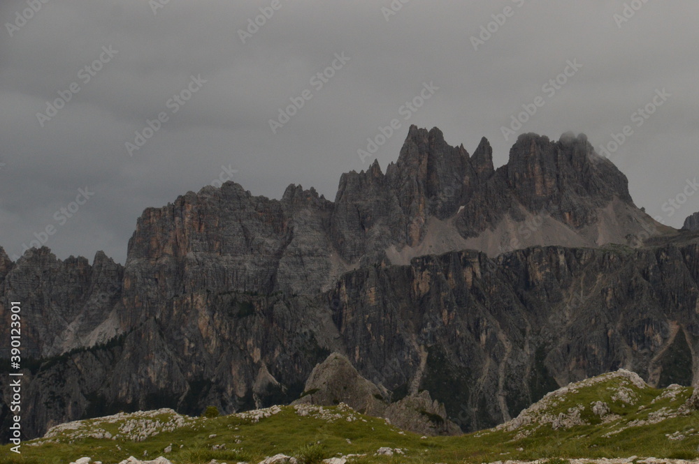 Fototapeta premium Hiking and climbing on the Via Ferrata trails around Cortina in the Dolomite Mountains of Northern Italy