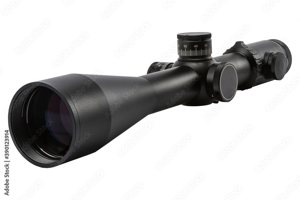 rifle scope, photographed against a white background