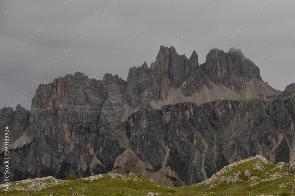 Obraz premium Hiking and climbing on the Via Ferrata trails around Cortina in the Dolomite Mountains of Northern Italy