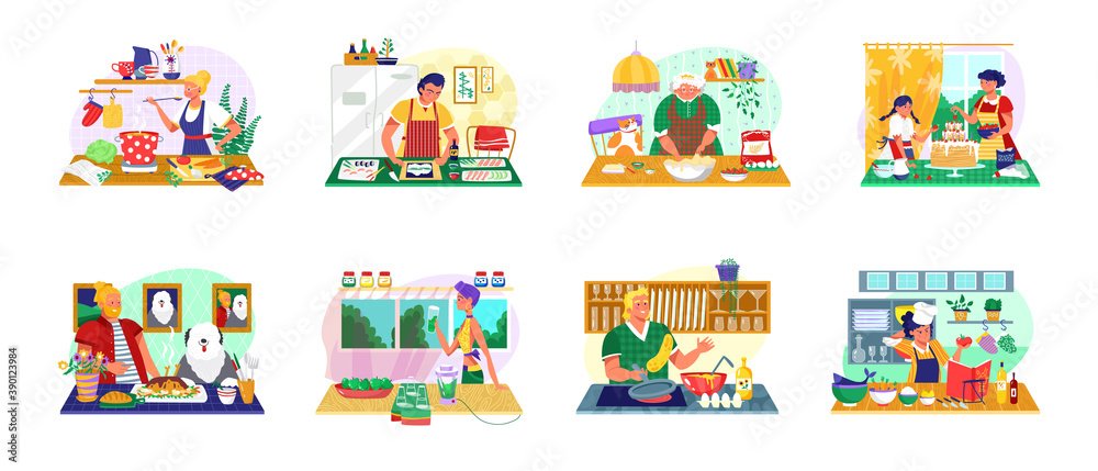 Fototapeta premium People cooking food vector illustration set. Cartoon flat man woman hungry characters cook healthy meal in home kitchen interior, family doing homework together, fun cooking activity isolated on white