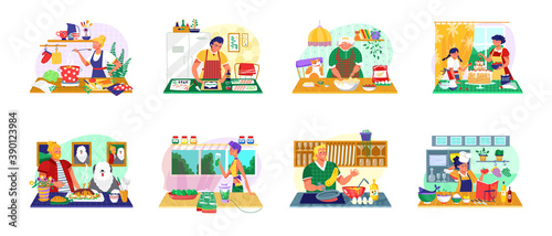 People cooking food vector illustration set. Cartoon flat man woman hungry characters cook healthy meal in home kitchen interior, family doing homework together, fun cooking activity isolated on white