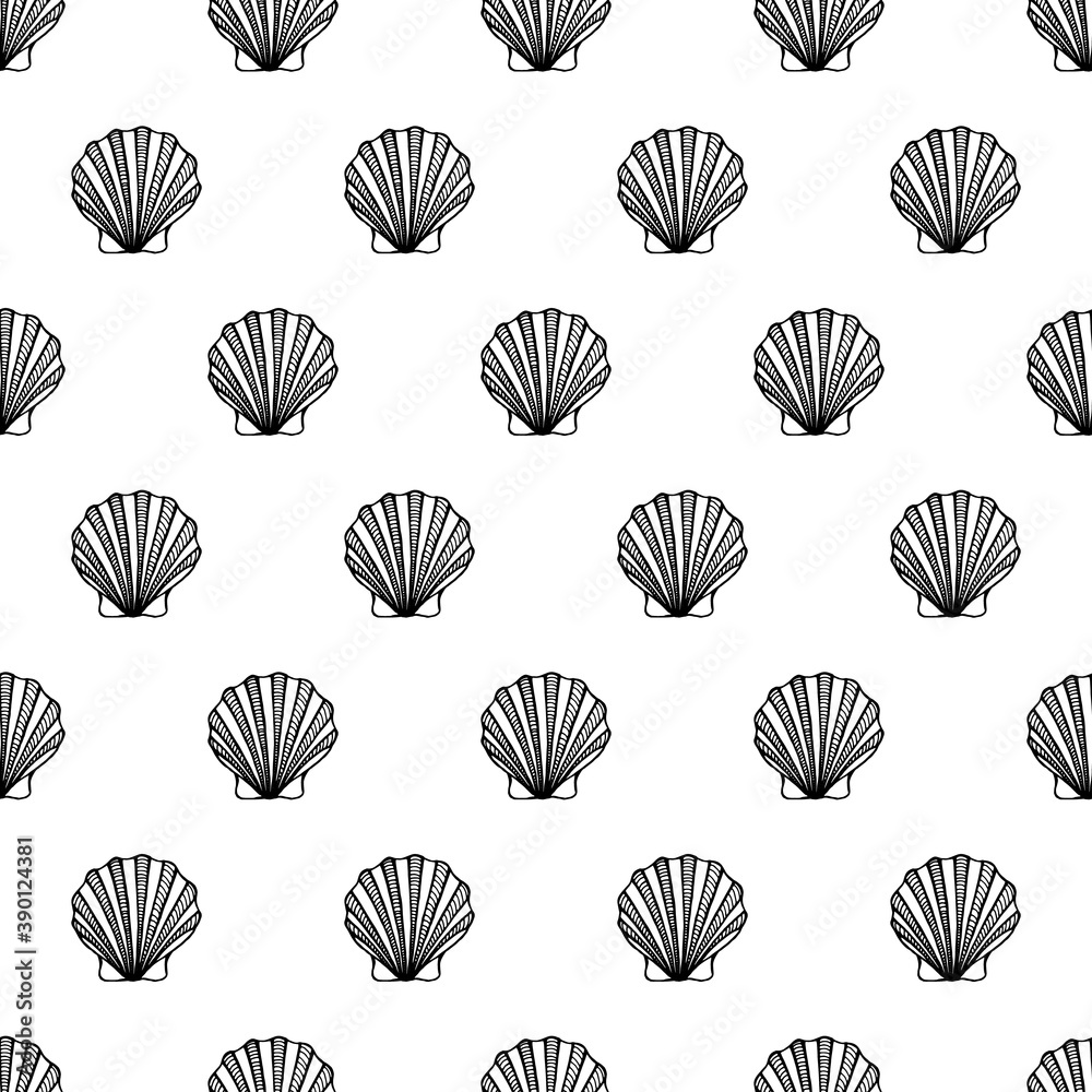 Seamless pattern with seashells. Marine background. Hand drawn vector illustration in sketch style. Perfect for greetings, invitations, coloring books, textile, wedding and web design. Seamless pattern with seashells. Marine background. Hand drawn vector illustration in sketch style. Perfect for greetings, invitations, coloring books, textile, wedding and web design.