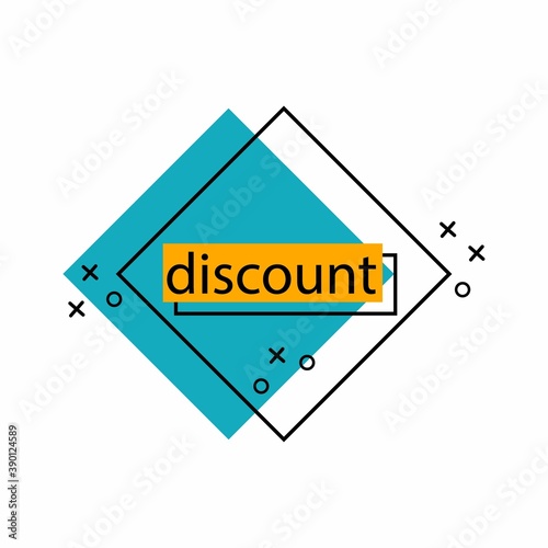 Discountl abel. Promotional discount sticker, price tag, website banner in yellow and blue colors, trendy flat geometric bubbles, sale product emblem, marketing coupon, vector retro poster template
