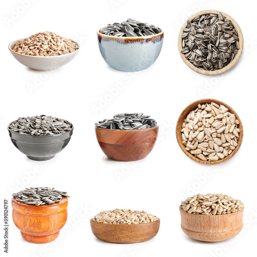 Bowls with sunflower seeds on white background