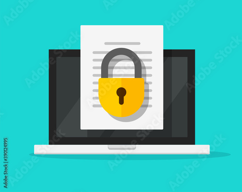 Secure confidential document online access with private lock on laptop computer text file vector flat icon, digital web privacy internet protection, electronic safety doc data padlock symbol