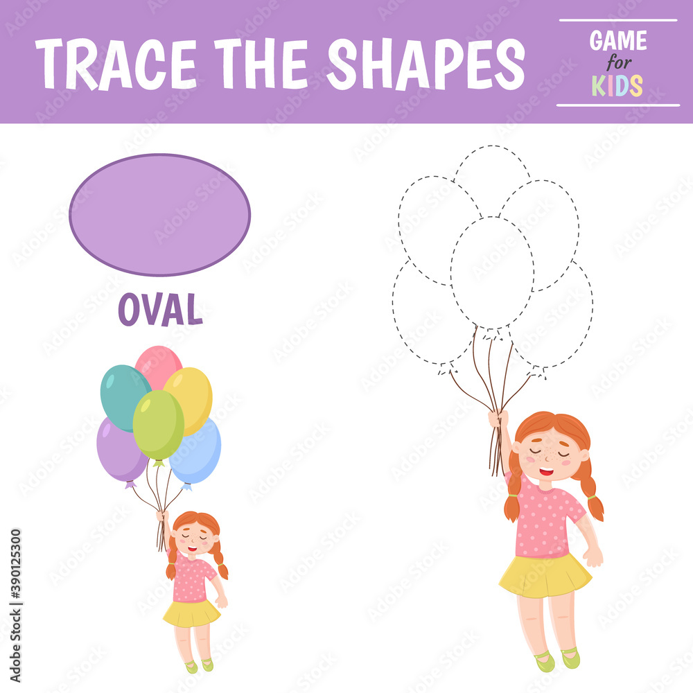Learn geometric shapes  - oval. Preschool worksheet for practicing motor skills. balloons of geometric shapes. Tracing dashed lines. Vector illustration