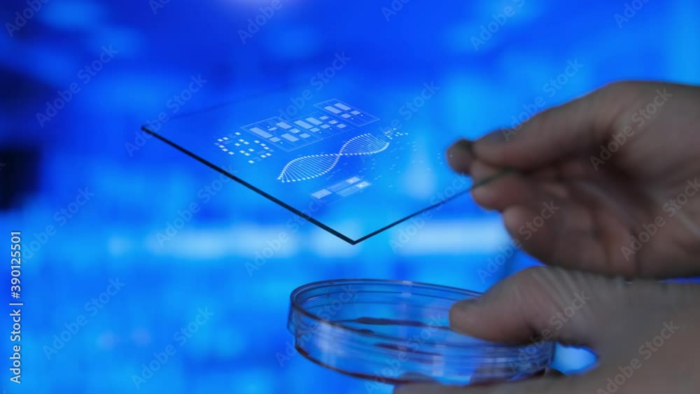 Close-up hands of doctor scientist in gloves with smart mobile virus analysis, medical laboratory of future technologies. COVID Vaccine Research