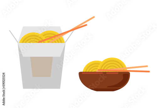 Chinese flat noodles, takeaway noodles with vegetables and fried pork. In a box and in a bowl