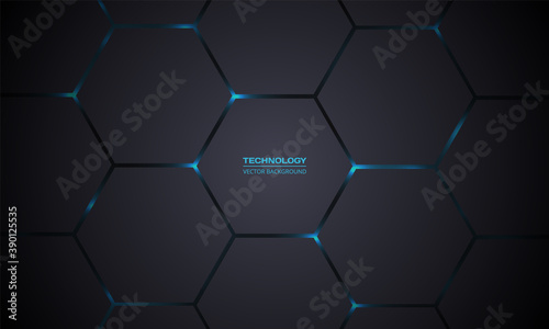 Dark gray hexagonal technology vector abstract background. Blue bright energy flashes under hexagon in modern technology futuristic background vector illustration. Dark gray honeycomb texture grid.