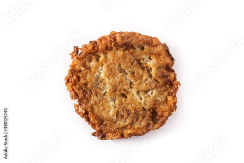 Traditional Jewish latkes or potato pancakes isolated on white background