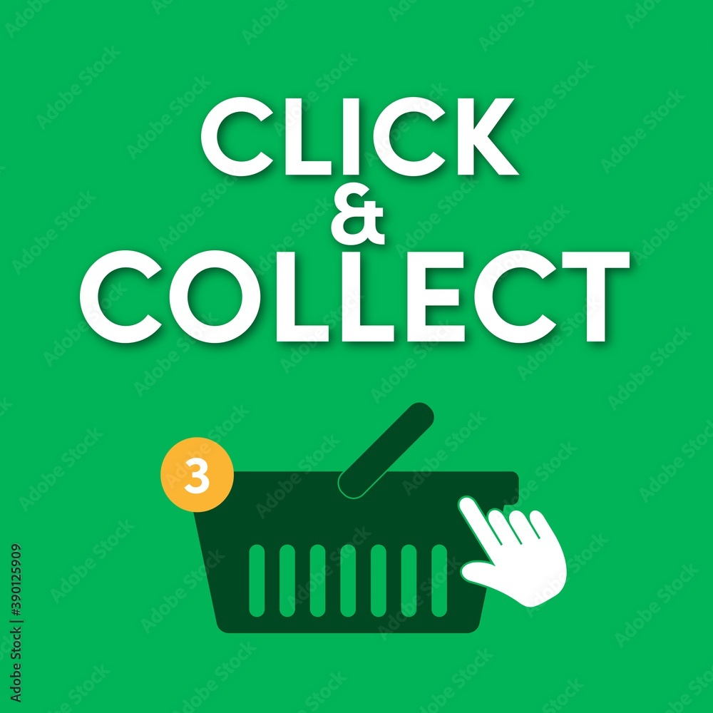 Click and Collect concept. E-commerce click and collect online ordering service symbol. Shopping bag. Shopping cart. Click and Collect concept. E-commerce click and collect online ordering service symbol. Shopping bag. Shopping cart.