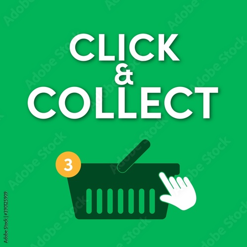 Click and Collect concept. E-commerce click and collect online ordering service symbol. Shopping bag. Shopping cart.