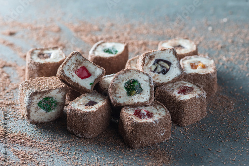 Turkish delight, Turkish sweets, candy in gray background