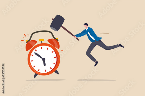 Procrastination postpone to get thing done later, too tight business deadline or cannot finish work in time concept, young man holding big hammer smashing on loud reminding alert alarm clock.