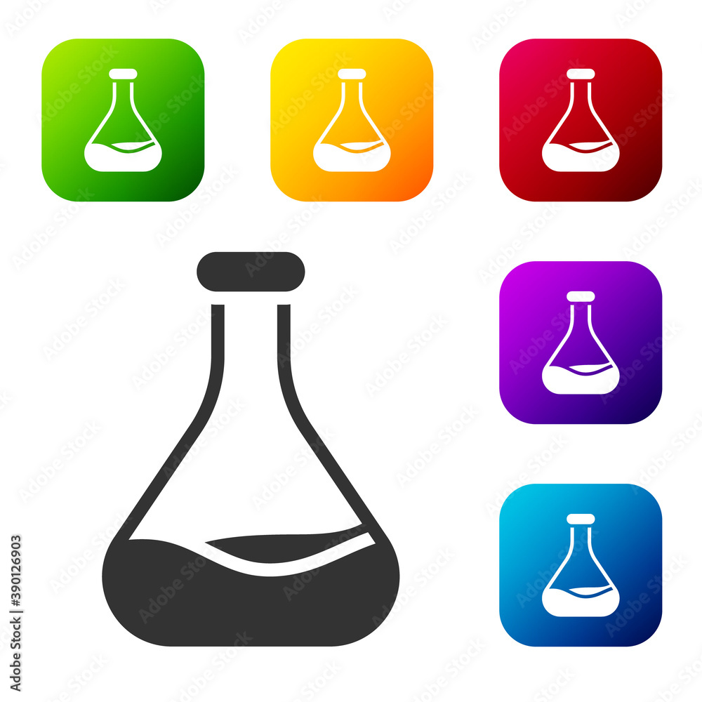 Black Test tube and flask icon isolated on white background. Chemical laboratory test. Laboratory glassware. Set icons in color square buttons. Vector.
