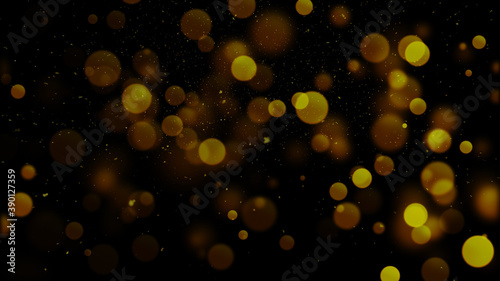gold particles abstract background with shining golden Floating Dust Particles Flare Bokeh star on Black Background. Futuristic glittering in space.	
