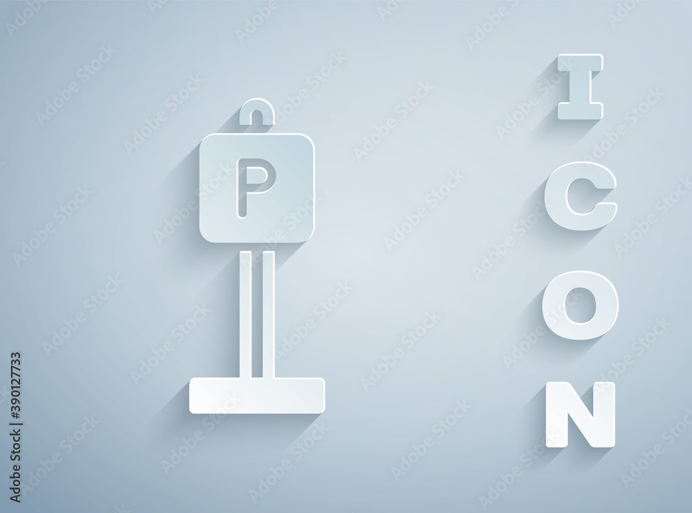 Paper cut Parking icon isolated on grey background. Street road sign. Paper art style. Vector. Paper cut Parking icon isolated on grey background. Street road sign. Paper art style. Vector.