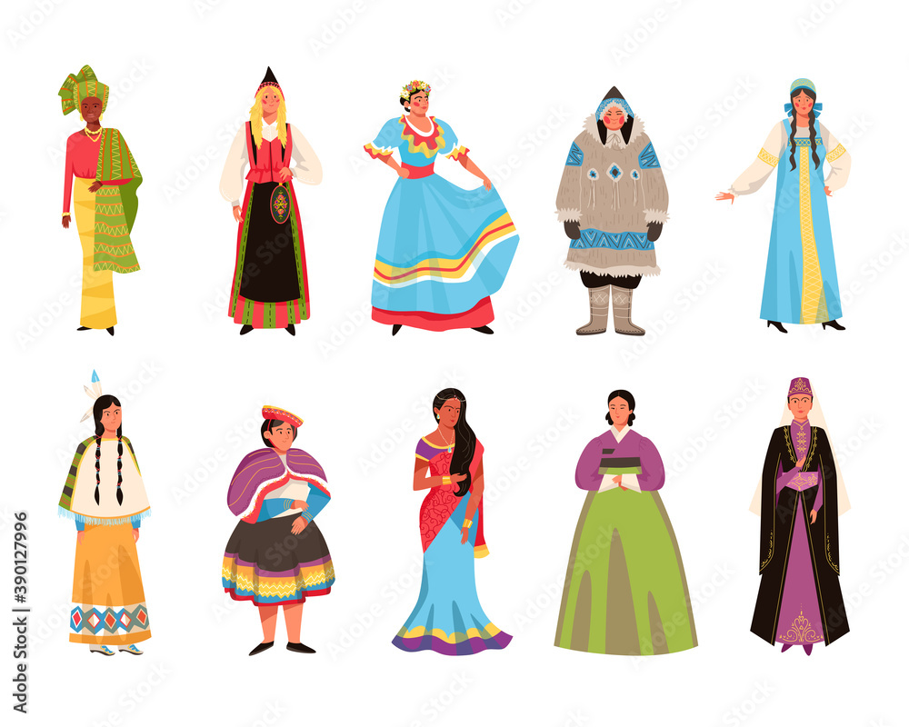 People in national dresses costumes vector illustration set. Cartoon flat woman characters of different nations or races wear traditional clothes with folk pattern, culture tradition isolated on white